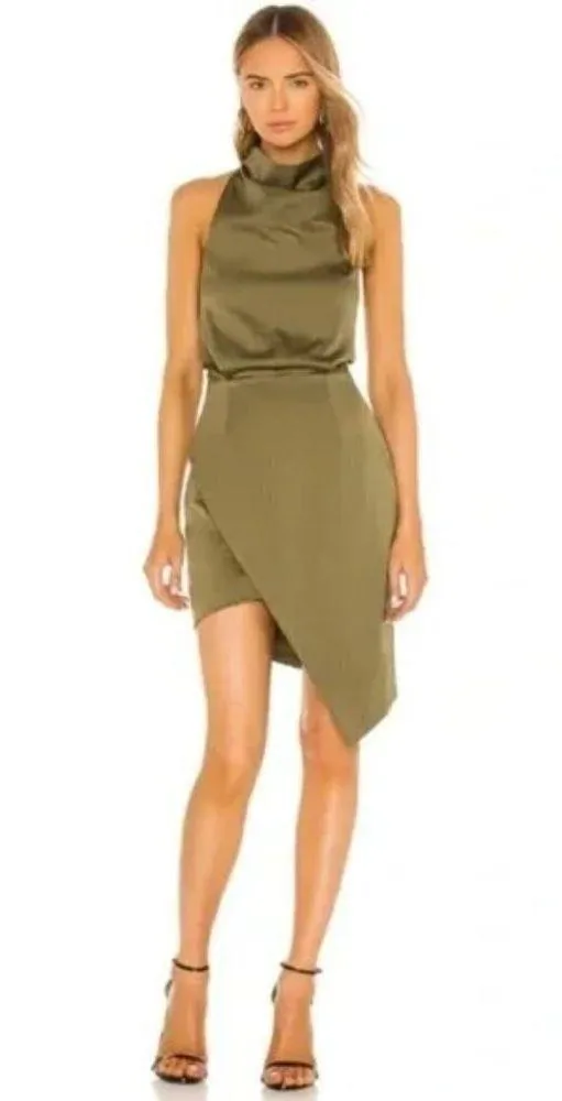 ELLIATT Camo Asymmetric Satin Cocktail Dress in Khaki Size X-Small - Image 16