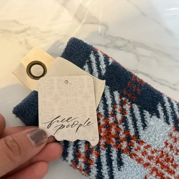 Free People Cozy Cabin Plush Crew Socks Blue Plaid Fuzzy Sherpa NWT One Size - Image 2