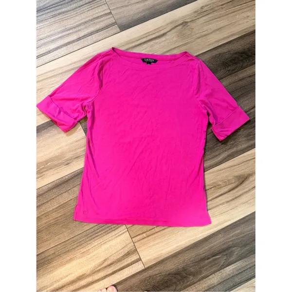 Lauren‎ Ralph Lauren Pink Boat Neck Elbow Sleeve Stretch Cotton Top Large - Image 7