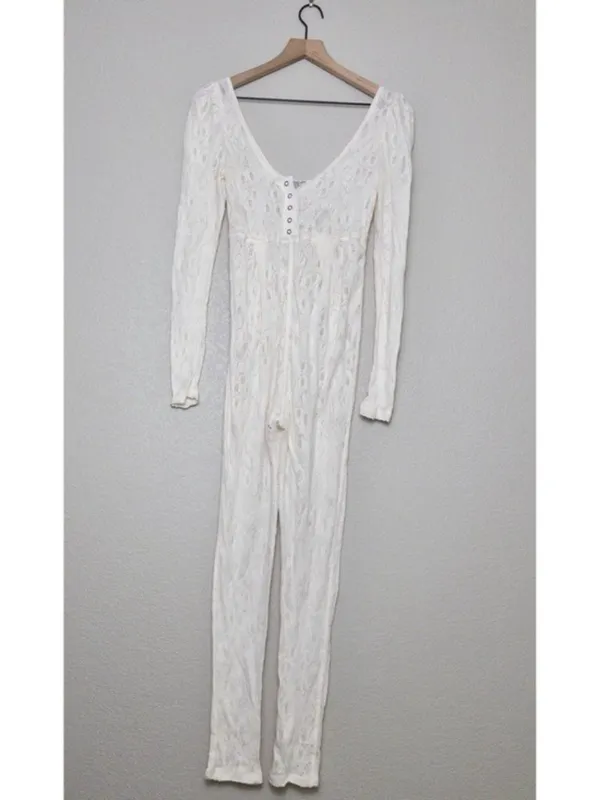 NEW Free People Intimately Home Alone Long Johns S Ivory Lace Onesie Pajamas - Image 4