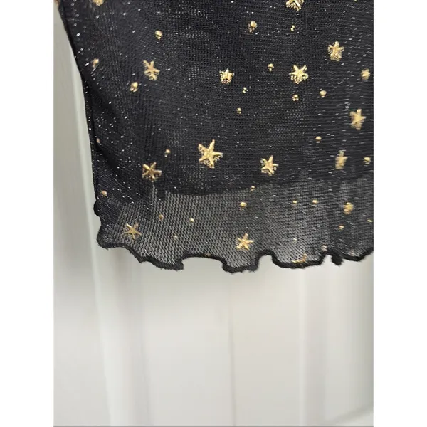 Celestial Star Mesh Top Womens Size S Black Gold Foil Y2K Sheer Mock - Image 4