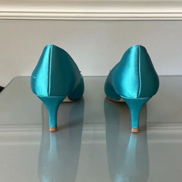 ERIJUNOR Teal Satin Kitten Heel Pumps Rhinestone Buckle Pointed Toe Size 7 - Image 4