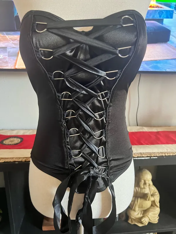 Womens M Spirit Halloween Black Satin Lace Up Corset Top Strapless Gothic - Image 6