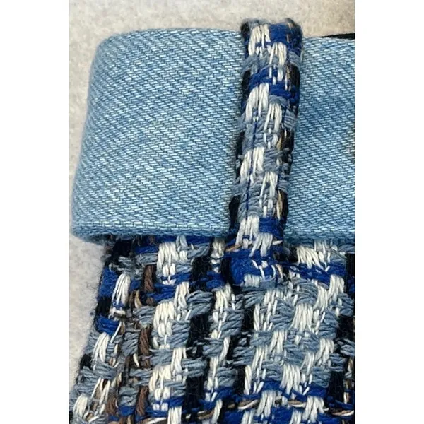 ZARA Mini Skirt Tweed Denim‎ Waist Women XL Blue White Plaid Wrap NWT - Image 14