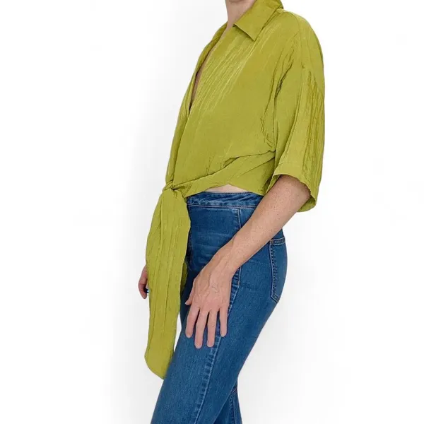 NWT H&M Lime Green Cropped Front Tie Retro Blouse - Image 2