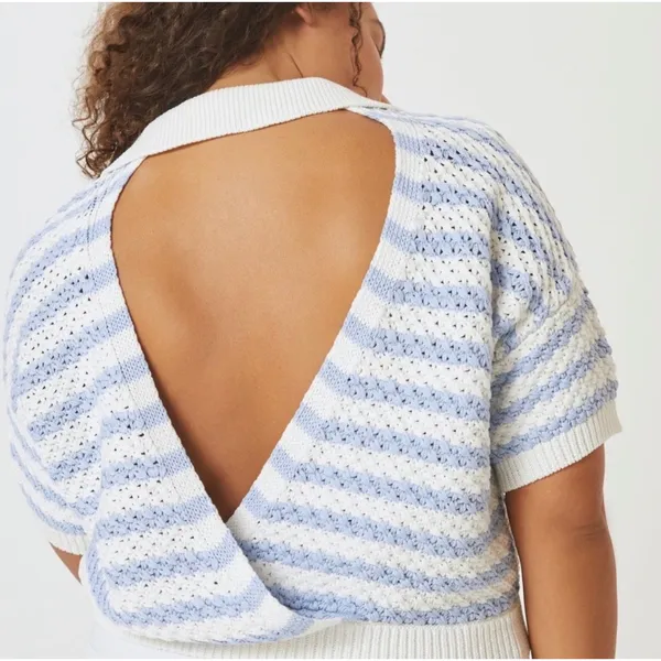 Maeve Anthropologie Knit Polo Top Womens Large Blue White Striped Surplice Back - Image 3