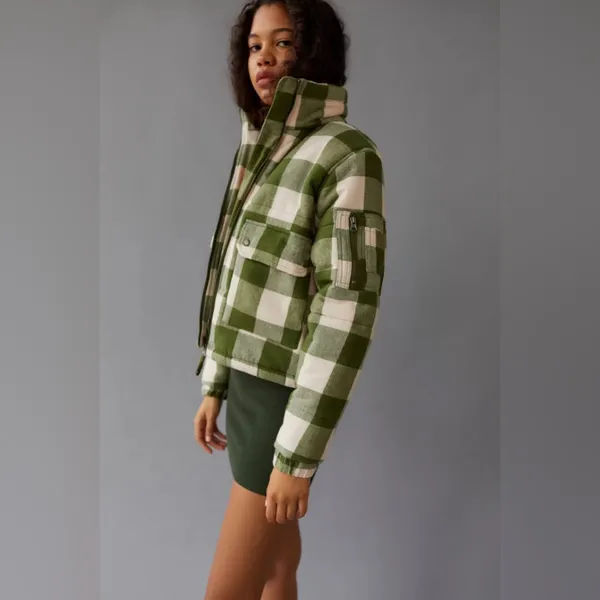Urban Outfitters BDG Dixie Flannel Puffer Jacket Green and White Plaid - Image 2
