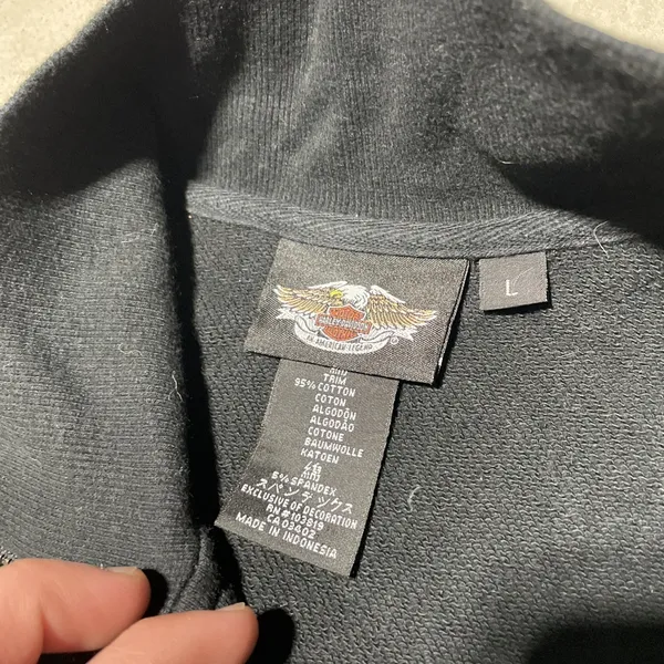 Y2K Harley Davidson Women's SZ L Sweatshirt Black Collar Applique Zip AOP - Image 4