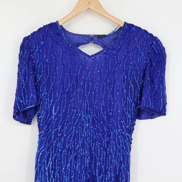 Vintage Silk Sequin Evening Gown Maxi Dress Lined Blue Elegant Zipper M/L 19"P2P - Image 2