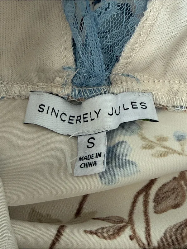 Sincerely Jules Floral Lace Trim Maxi Dress Cream Blue Satin Slip Small - Image 4