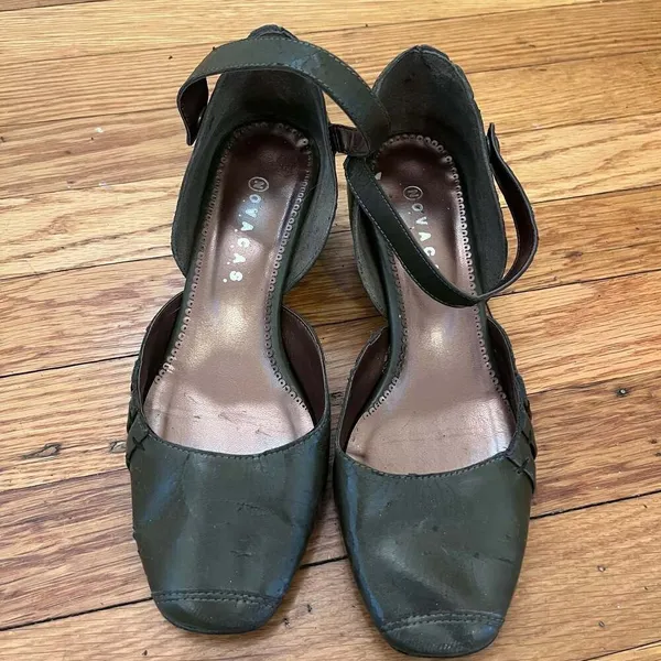 Novacas Vegan Olive Green Low Wedge Ankle Strap Mary Jane Shoes - Image 2