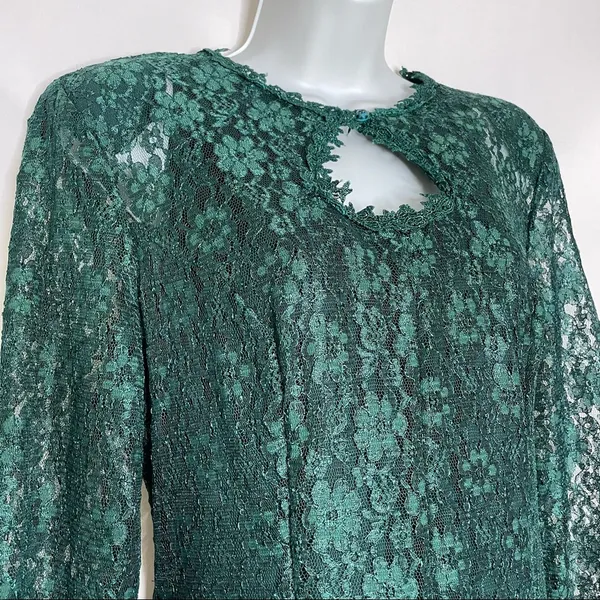 Vintage Green Lace Skater Dress Keyhole‎ Long-Sleeve Tie-Back Bow Christmas - Image 6