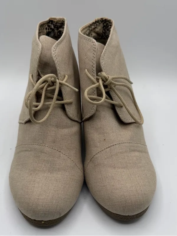 Call It Spring Wedge Booties Womens 7.5 Beige Canvas Lace Up Leopard - Image 2