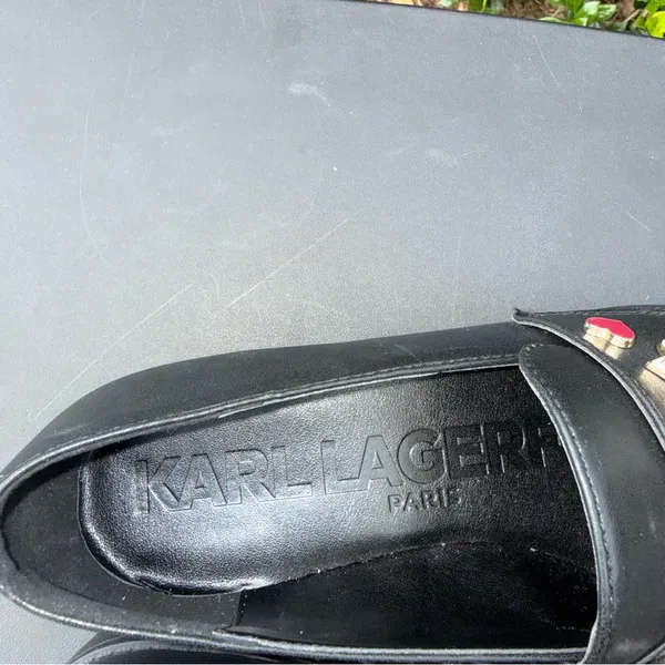 Karl Lagerfeld Black Leather Loafers with Gold Accents Women’s Size 8 NWT - Image 5