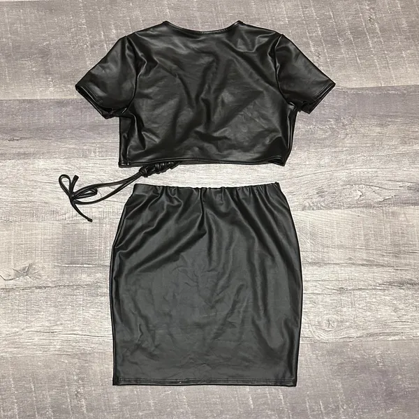 Timing Black Faux Leather Mini Skirt Set M Tie V Neck Crop Top Clubwear Baddie - Image 7
