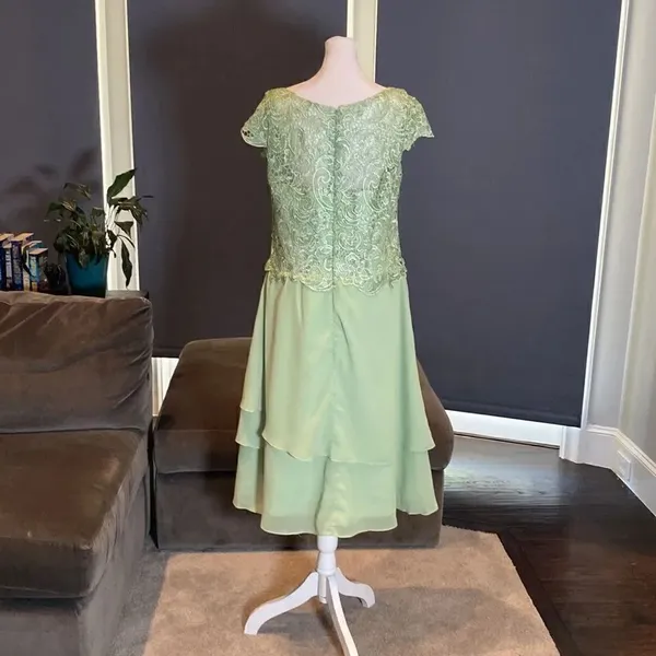 Women’s Green Chiffon & Lace Mid Length Dress with a Zip Up Back Size L NWOT - Image 4