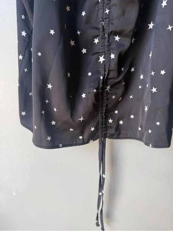 Pink Rose Black Star Print Satin Cami Tank Top Ruched Adjustable Front Tie Women’s M - Image 2