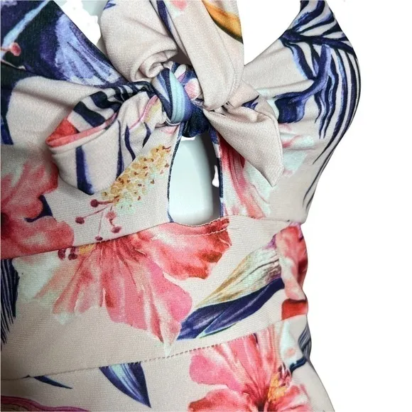 Boohoo Pink Tropical‎ Floral Tie Front Cutout Skater Dress Summer Vacation - Image 4