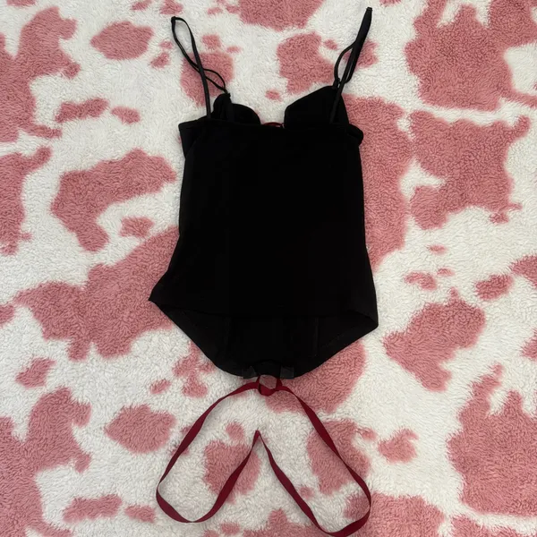 Y2K Black Corset Cami Top Small Goth Coquette Lace Up Bustier Red Ribbon Boned Fairy Grunge Alt Clubwear - Image 3