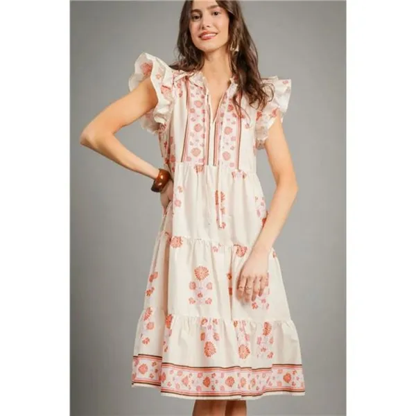 Umgee Printed Tie Neck‎ Ruffle Cap Sleeve Dress - Image 2
