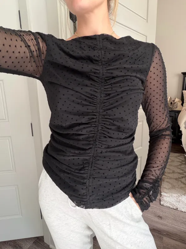 LAUNDRY by Shelli Segal Boatneck Long Sleeve Ruched Mesh Top - Image 2