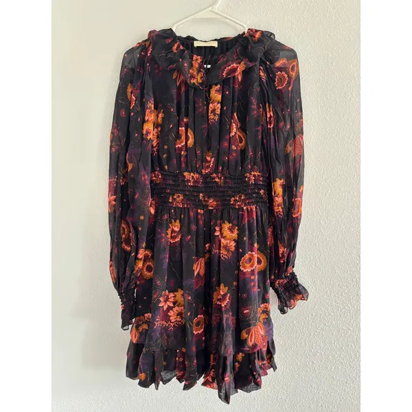 Ulla Johnson Adara Dress Womens 2 Black‎ Orange Mini Floral Silk Smocked Party - Image 2