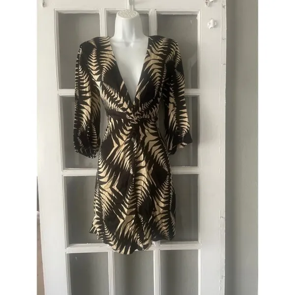 Ba&sh Black Tan Palm Leaf Twist Front V-Neck Mini Dress - Image 4