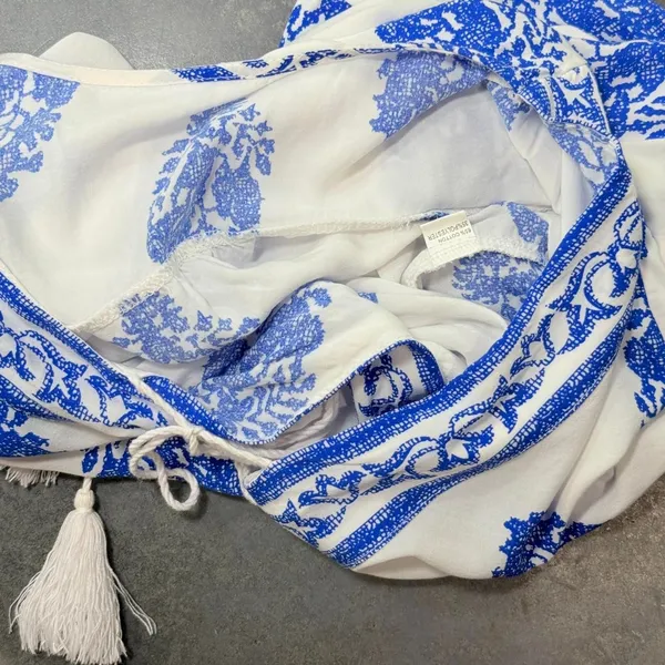 Source Unknown Blue & White Tassel Wrap Top | Long Sleeve Boho Peasant Blouse | M - Image 2