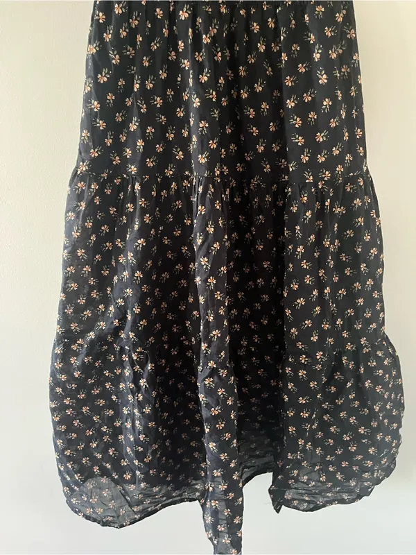Black Orange Floral Print Puff Sleeve Smocked Midi Dress Medium Cottagecore - Image 3