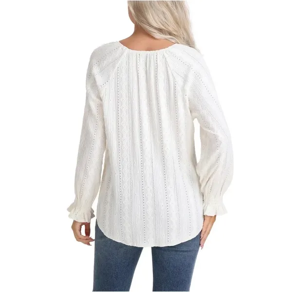 Frye Blouse Womens‎ M Smocked Eyelet Textured Flowy Minimalist Boho Cotrage core - Image 2