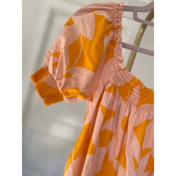 Free People Mila Floral Mini Dress S Boho‎ Puff Sleeve Smocked Pink Orange Beach - Image 4