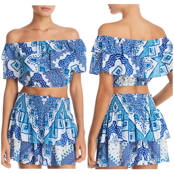 NWT RAMY Brook Milo Blue Printed Off The Shoulder Cropped Top Large Ruffle - Image 2