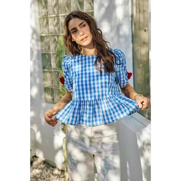 SO‎ ME 4th Of July Gingham Ribbon Detail Short Sleeves Blouse - Large - Image 11