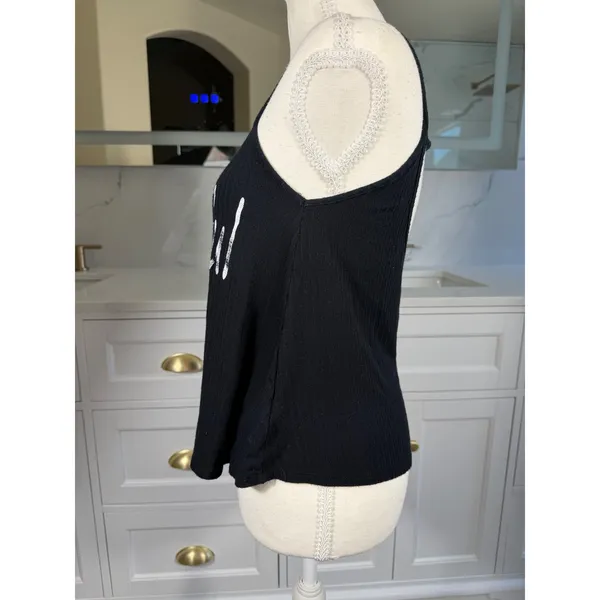 Papaya Tank Top Womens Medium Black #Beautiful Graphic Ribbed Open Back Cami - Image 4