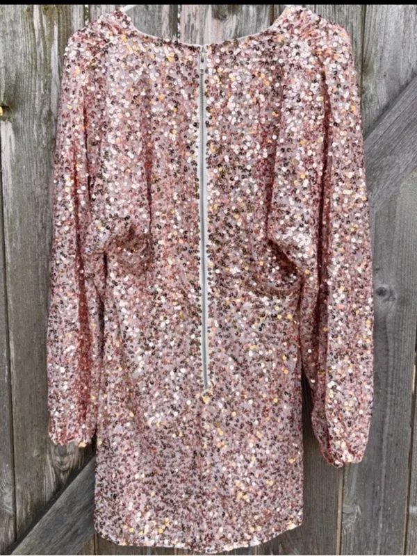 EUC Free People Dance All Night Sequined V Neck Puff SIv. Dress Rose Gold Small - Image 10