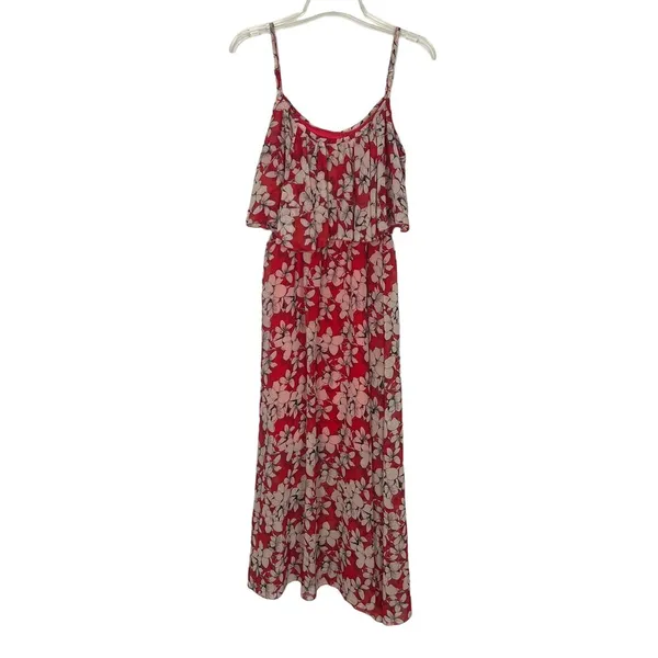 TTI Floral Off Shoulder Chiffon Red Maxi Dress Size Small - Image 11