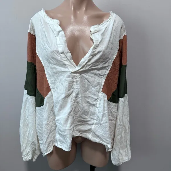 We The Free Beating Hearts Linen Long Sleeve Top Green Orange Rust Sleeve Stripe - Image 2