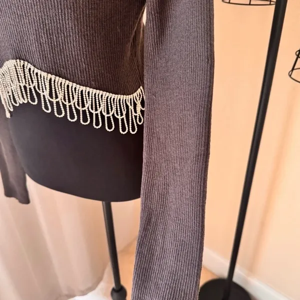 Zara Rhinestone Fringe Crop Top Gray Ribbed Y2K Going Out Party Top Size L - Image 8