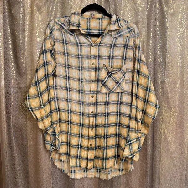 Free People One Yellow Plaid Faded Dyed Boho Button Down Top Small NWOT - Image 2