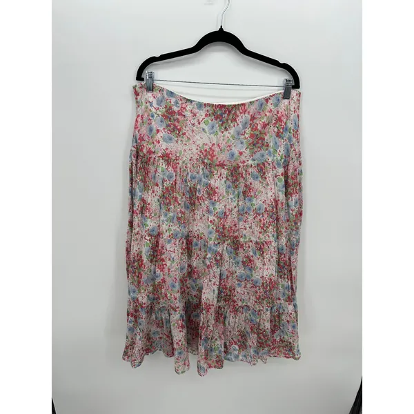 Chaps Denim Womens Large Pink Blue Floral Tiered Cotton Midi Skirt Boho Cottage - Image 3