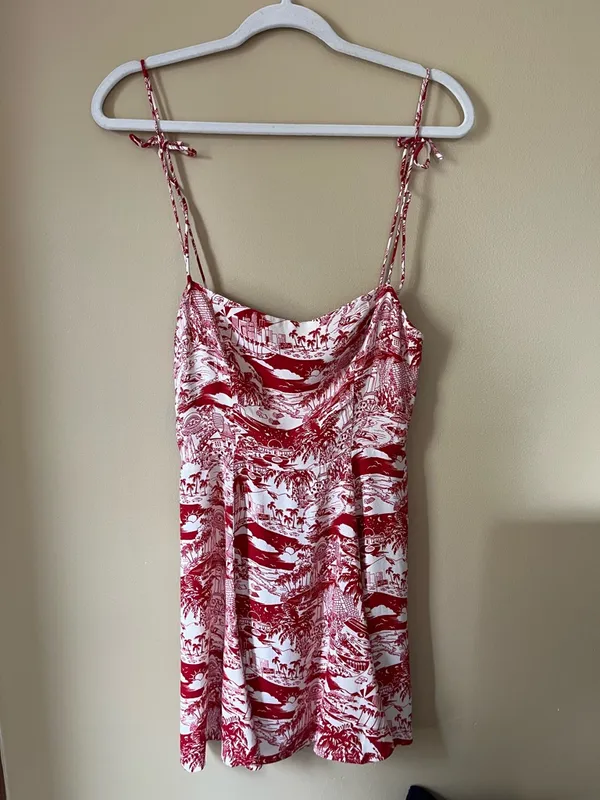 Reformation Sarah Red & Cream Los Angeles LA Printed Spaghetti-Strap Mini Dress - Image 3