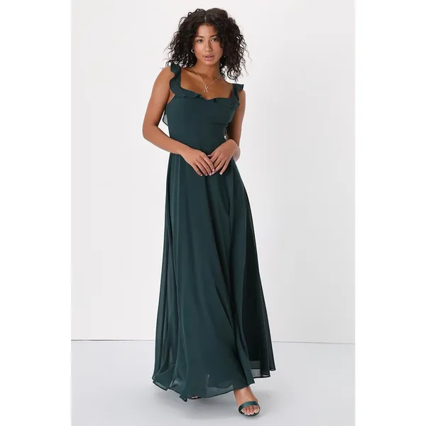 NWT Lulus Dreamy Admiration Emerald Green Ruffled Maxi Dress Bridesmaid Size L - Image 2