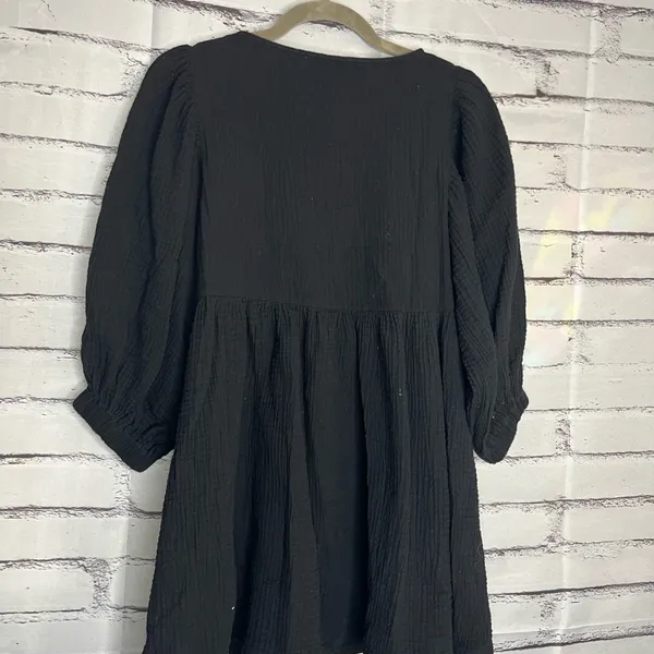 Carly Jean Los Angeles Black Blouse 1/4 Sleeve Mini Dress SZ S 100% Cotton Top - Image 7