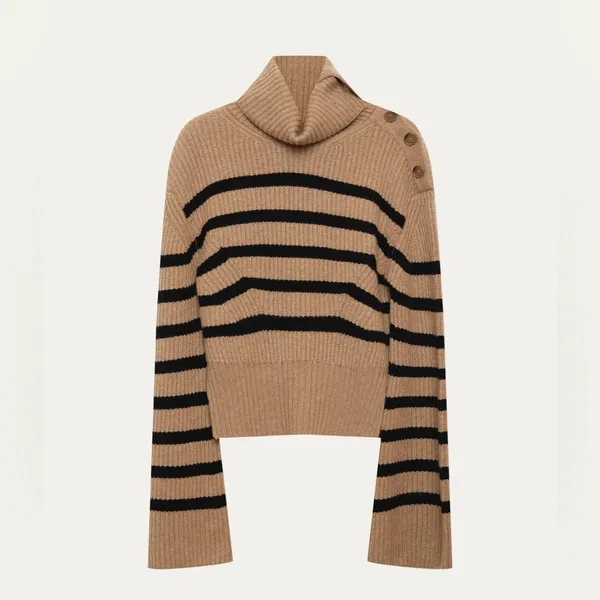 Simkhai Cashmere Wool Adrienne Striped Button Turtleneck Brown Sweater - Image 4