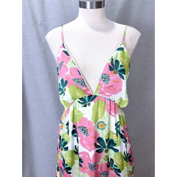 NWT Rubienn Maxi Dress L Pink Lime Green Floral Low Back Tiered Lace Trim Resort - Image 2
