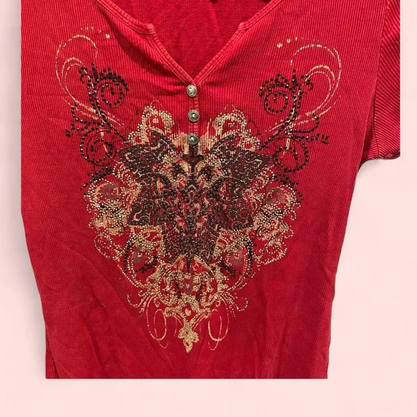 Red y2k soft baby rib bling button neck cap sleeve top Live and let live - Image 2