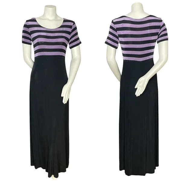 Vintage Slinky Dress 90s Stripes Empire Waist Short Sleeves Stretchy Maxi Retro - Image 2