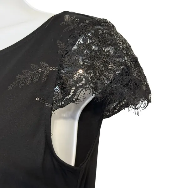 WHITE HOUSE BLACK MARKET Black Lace Sequin‎ Cap Sleeve Boat Neck Top EUC Size XS - Image 3