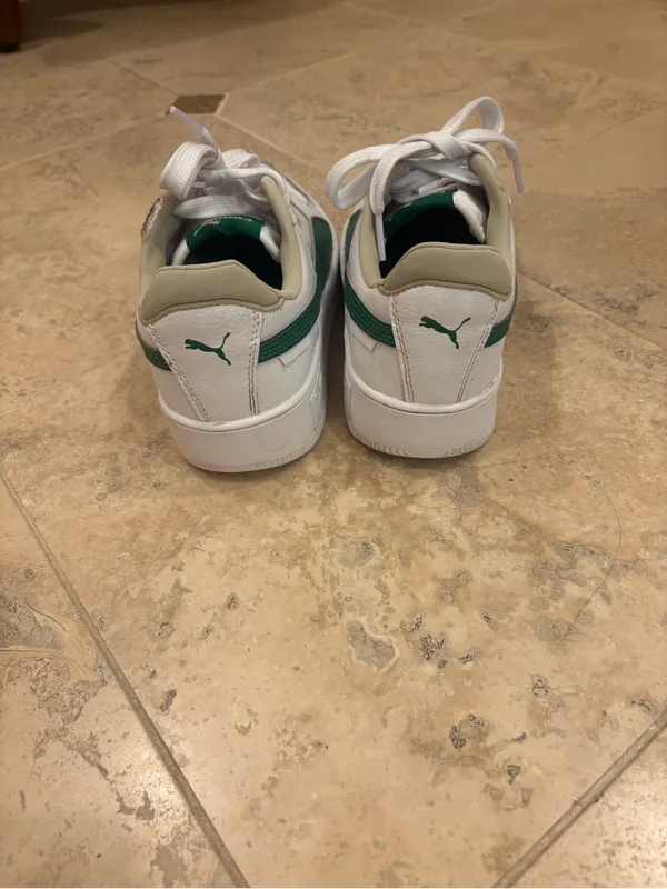 Puma Platform White Sneakers with Green Stripe and Gold Logo - Image 4
