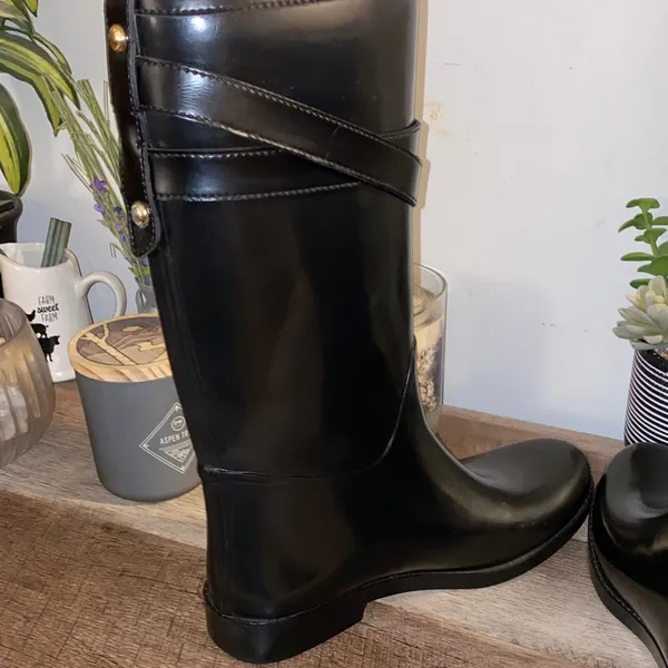 Coach Trisha Tall Rubber Rain Boots With Gold Buttons & Leather Size 9M - Image 10